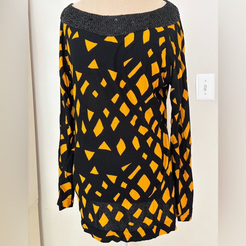 Cache Black &Yellow Tunic Top With Black Sequins Neckline; Women’s L